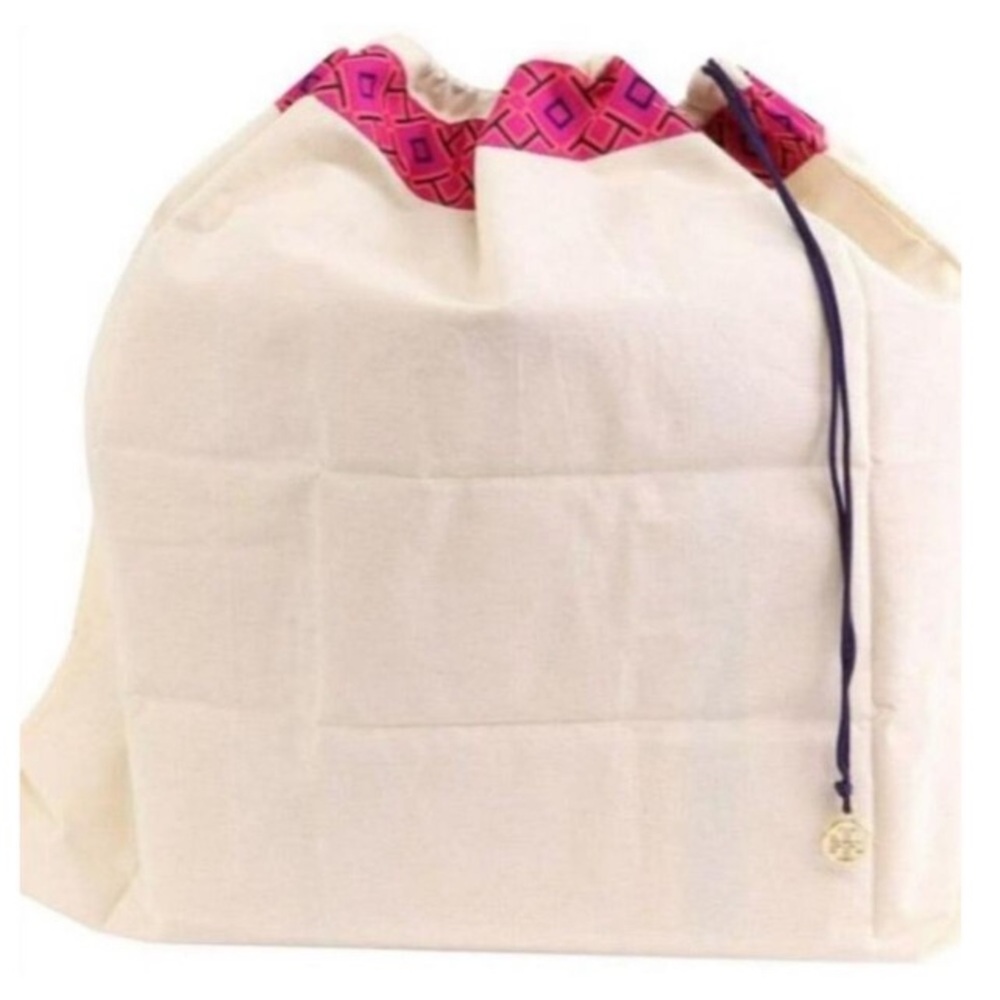 Tory Burch Canvas Drawstring Dust Bag Storage Travel Gold Logo Charm Pull